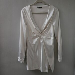 SHEIN Twist‎ Front Mini Dress Women L Cream White Satin Long Sleeve V-Neck